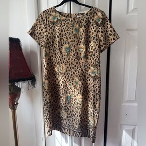 Kathie Lee Collection Beige Leopard-Print Shift Dress with Teal Floral Accents